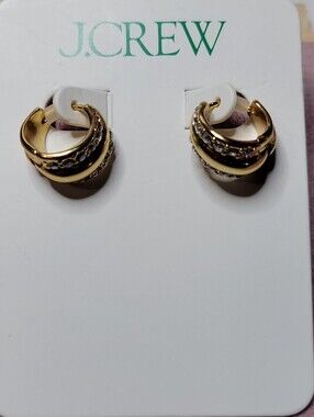 Nwt J Crew Crystal Pave Chunky  Crossover  Huggie Hoop Earrings Gold Tone.